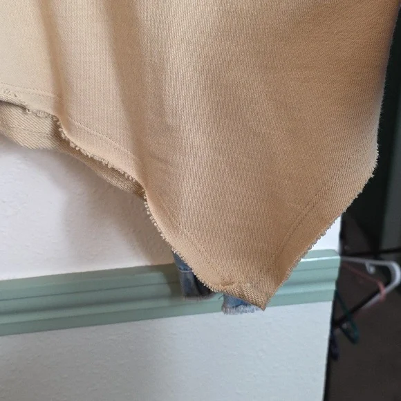 Ces Femme Oversized Cropped Sweatshirt Tan Blue Denim Block Sleeves Small - Picture 6 of 15